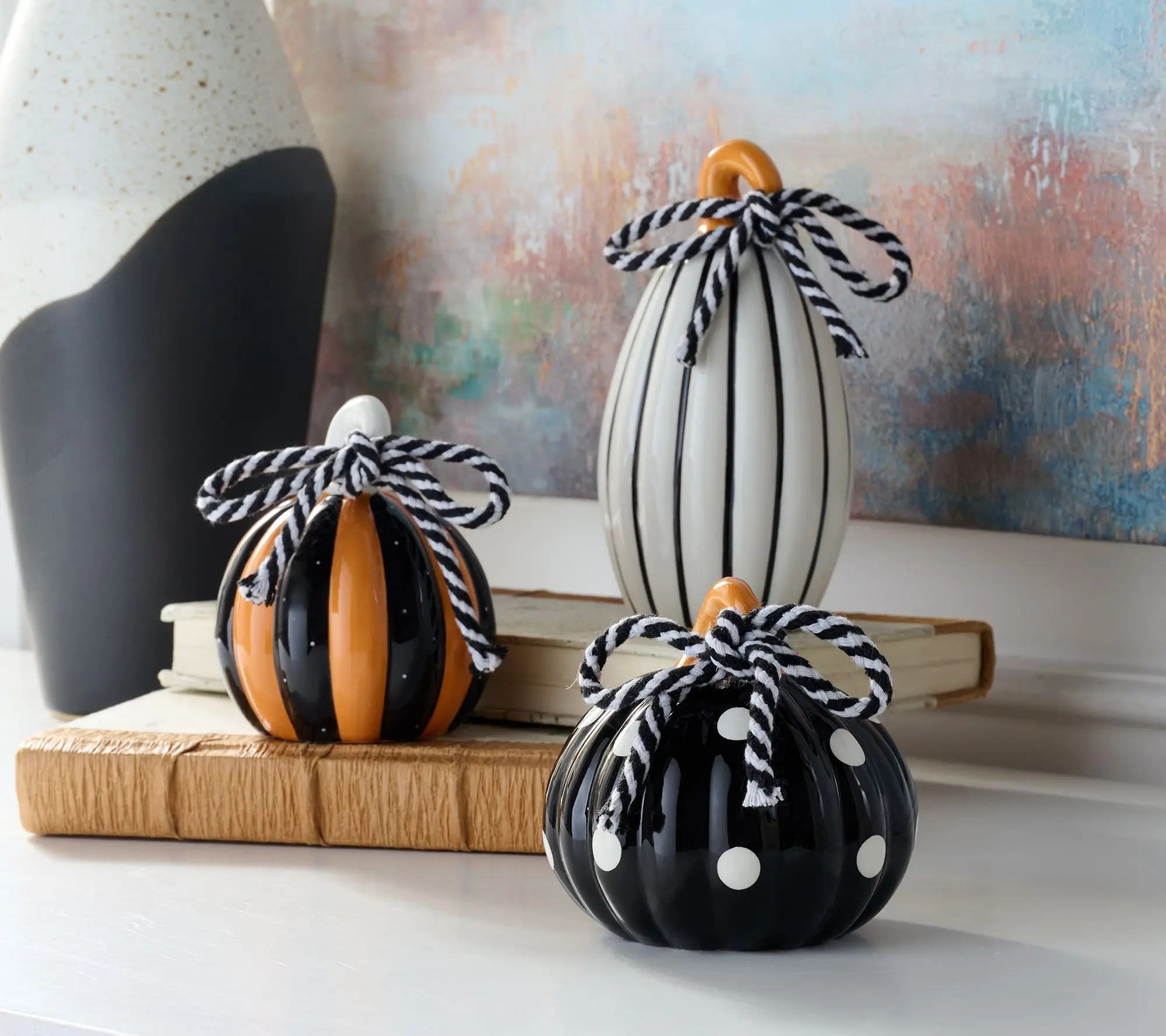Set of 3 Ceramic Pumpkins with Rope Tie by Valerie Set of 3 Ceramic Pumpkins with Rope Tie by Valerie