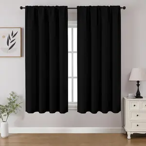 Black Blackout Curtains 45 inch Length 2 Panels Set, Rod Pocket Room Darkening Drapes for Bedroom Living Room, Insulated Thermal Light Blocking Window Curtain (W52 x L45 Inch)