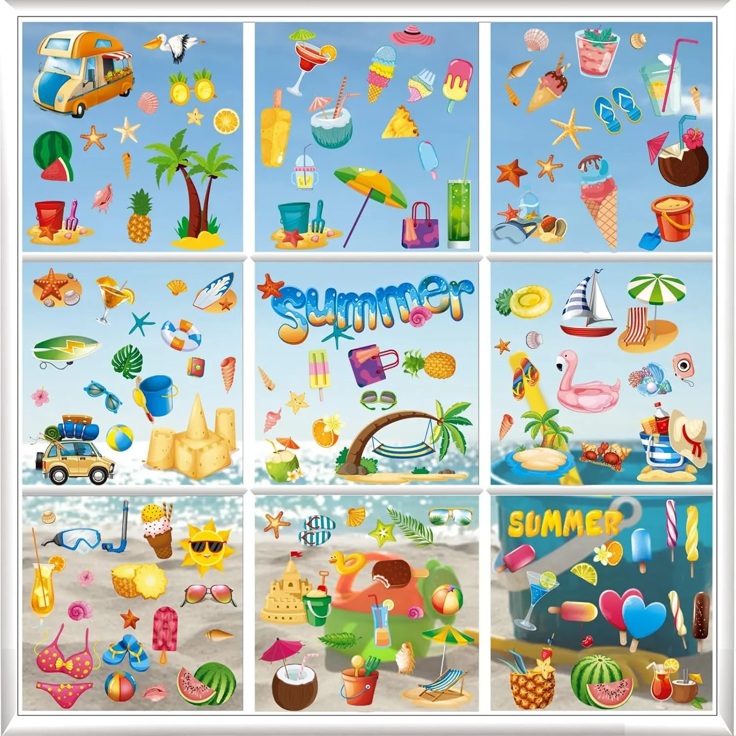 134PCS Summer Window Clings,Reusable Double-Sided Spring Summer Window Stickers,Reusable Static Beach Clings,Vibrant Seasonal Window Decals for Tropical Home Decor (9 Sheets)