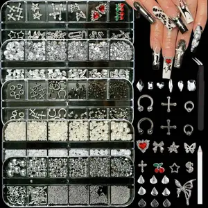 Silver Nail Charms Y2K Kit, 5 Boxes 3D Nail Charms and Gems Rhinestones for Nail Art Accessories, Silver Piercing Cross Charms for Nails Design Star, Flatback Pearls Caviar Beads for Nails Decor