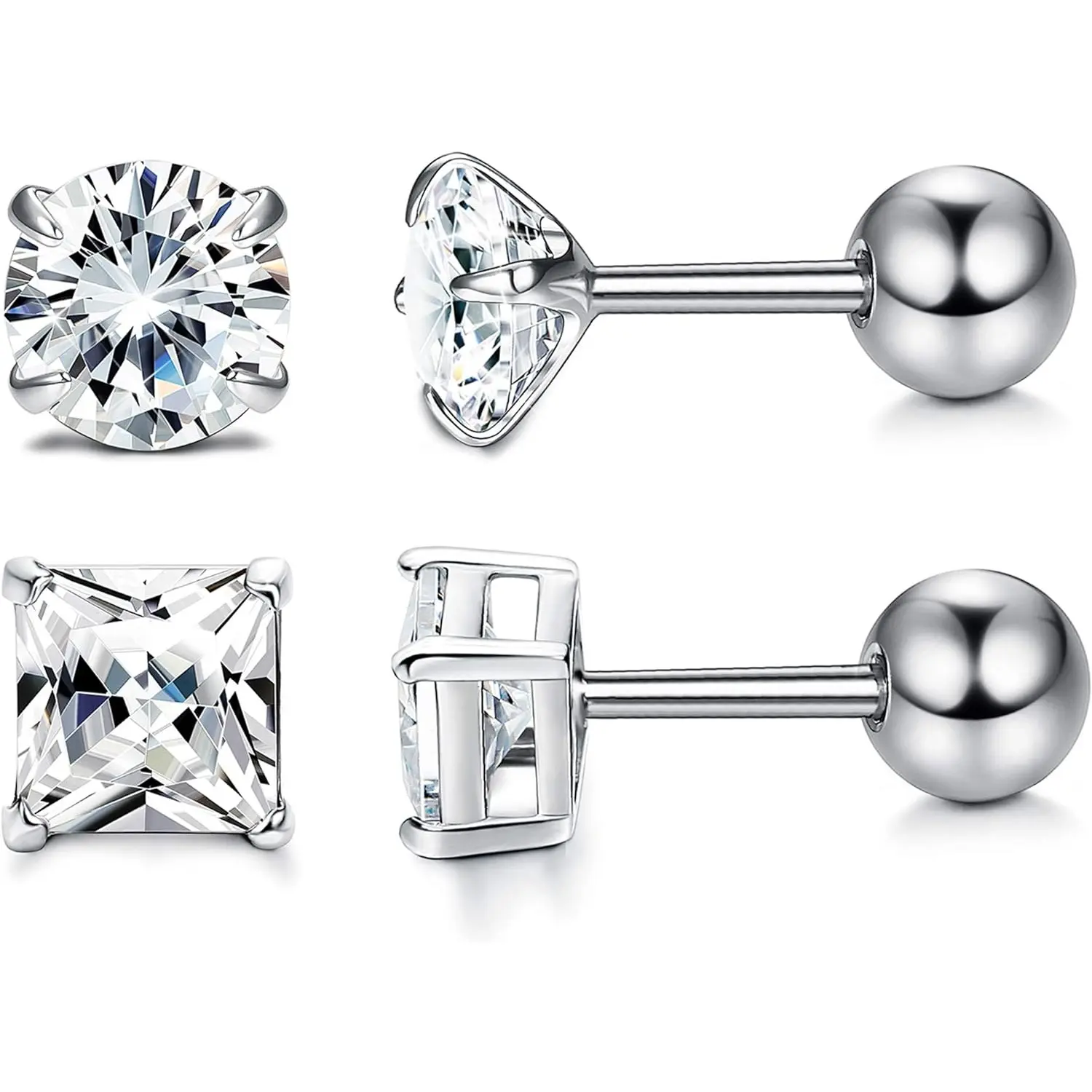 Milacolato Unisex Cubic Zirconia Stud Earrings 925 Sterling Silver Round/Square Princess Cut Cubic Zirconia Screw Back Stud Earrings for Women/Men Cartilage Tragus Helix CZ Studs 3-6MM Studearrings, Cubic Zirconia Gemstone, Solitaire Earrings
