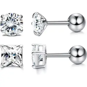 Milacolato Unisex Cubic Zirconia Stud Earrings 925 Sterling Silver Round/Square Princess Cut Cubic Zirconia Screw Back Stud Earrings for Women/Men Cartilage Tragus Helix CZ Studs 3-6MM Studearrings
