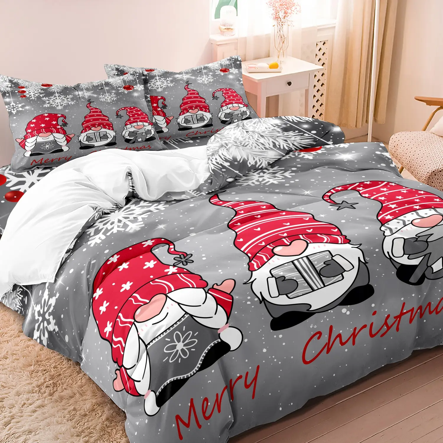 3pcs Christmas Snowflake Gnome Cartoon Duvet Cover Set - 100% Polyester Breathable Fabric, Digital Print, All-Season Comforter Cover With Pillowcases, Machine Washable, No Insert - Bedroom Decor 1 Duvet Cover+2 Pillowcases