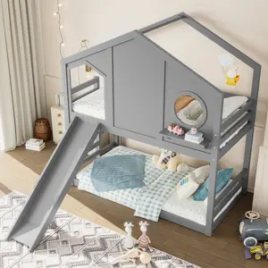 Twin House Bunk Bed with Slide and Storage Shelves, Solid Wood Loft Bed with Window, Childlike Design, Gray, Kids Bedroom Furniture, Space-Saving Bunk Bed Frame for Children, Playful House-Shaped Bed with Built-In Shelves and Slide