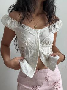 women's plain contrast lace frill trim button front blouse, sweet fashion puff sleeve top for summer, women's clothing for daily wear