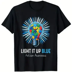 Autism Awareness Light Bulb Light It Up Blue Graphic T-Shirt for Men & Women, Breathable Elastic Cotton, Regular Fit, Machine Washable, Casual Daily & Outdoor Wear for Spring Summer