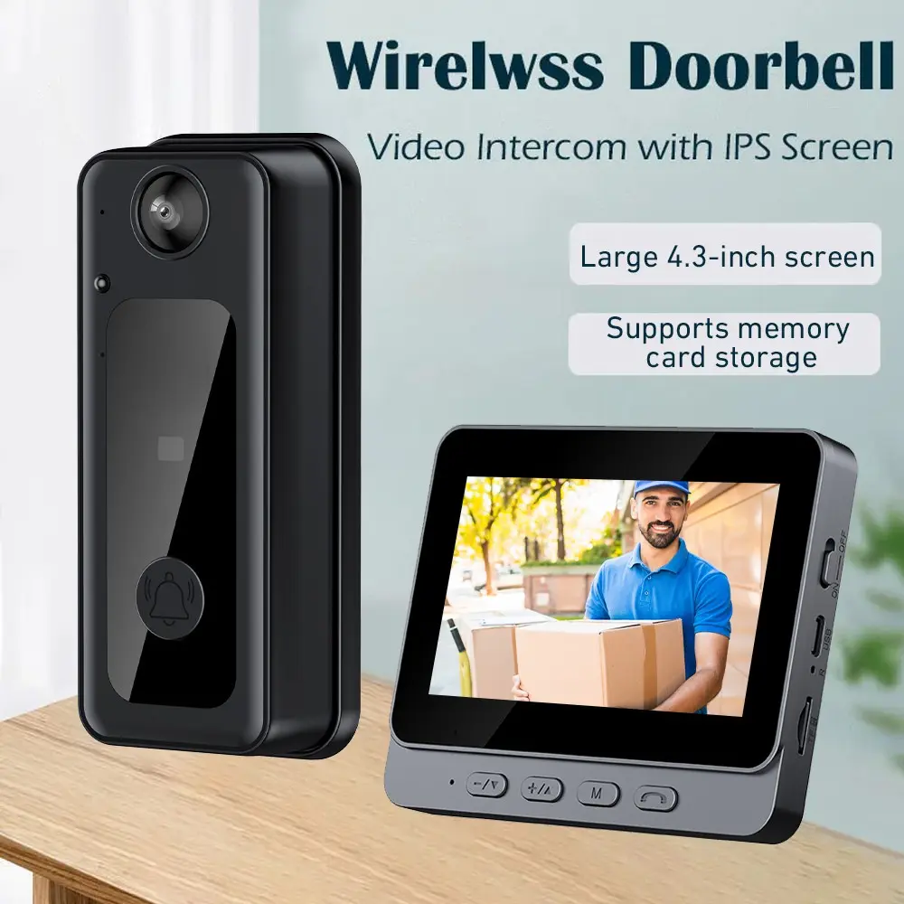 Smart Video Doorbell Camera Intercom 4.3 Inch HD Display - Wireless Outdoor Security Camera with Night Vision, Two-Way Audio, Motion Detection, Easy Install & Long Battery Life, Weatherproof Modern Home Security System, Wifi Smart Doorbell