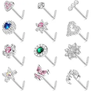 12Pcs Nose Studs 20g Nose Stud L Shaped Diamond CZ Nose Rings Stud for Women Surgical Steel Nose Rings Nose Screw Nose Piercing Stud Butterfly Heart Flower Nostril Jewelry Silver Rose Gold
