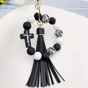 Chic Leopard Print Wooden Bead Bracelet Keychain with MAMA Tag or cross & Tassel - Lobster Clasp, Perfect Gift for Women