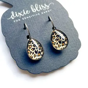 Dixie Bliss Leopard Earrings - Gunmetal-toned Brass, 12x16mm Wild Print, Leverback Clasp, Lightweight & Durable, Perfect for Sensitive Ears