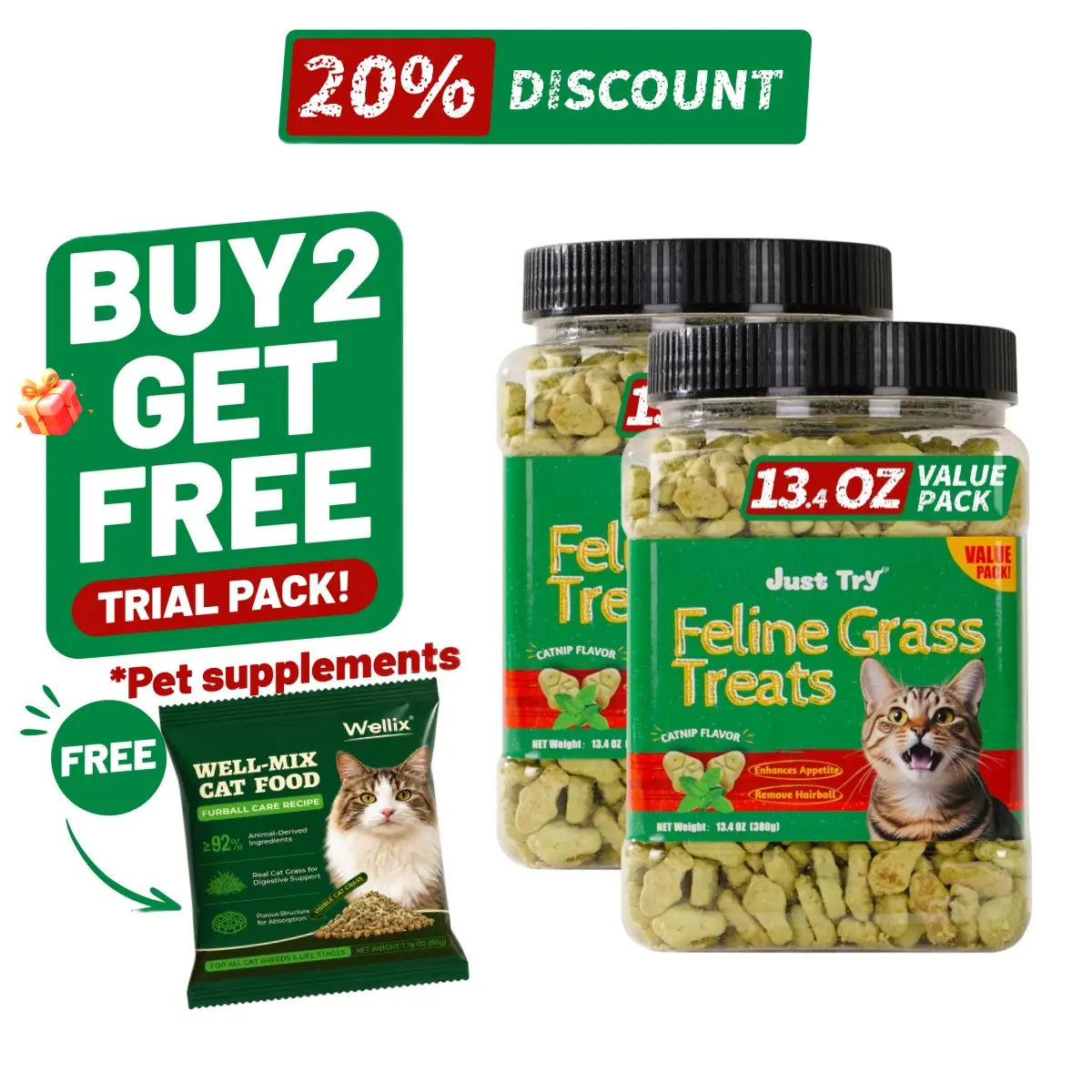 Just Try Cat Treats for Indoor Cats Hairball Control Natural Salmon Healthy Cat Grass Treats Kitten Snacks Training Biscuits Catnip for Cats Dental Care 13.4 OZ