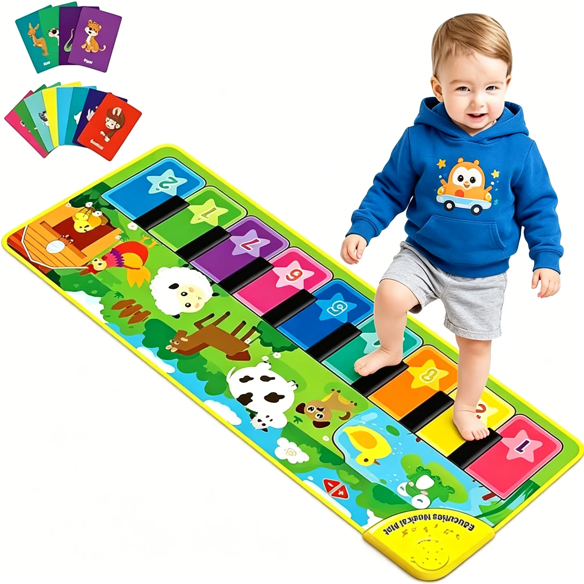 Baby Musical Toy, Floor Piano Playmat for Toddlers, with Animal Flash Cards and Music Sounds, Touch-Sensitive Keyboard Blanket, Birthday Gift for Baby Boys and Girls