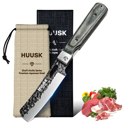 HUUSK Handmade Craft Nakiri Cooking Knife - Classic Stainless Steel Kitchen Knife with Wooden Handle, Folding Portable for Camping Travel BBQs, Ideal Gift for Enthusiasts