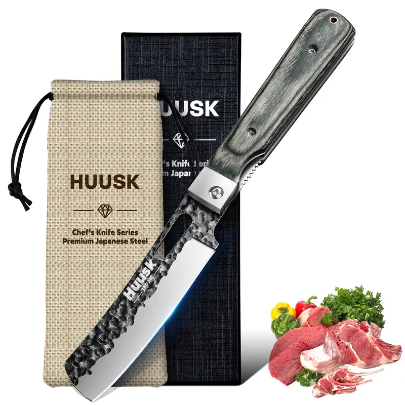HUUSK Handmade Craft Nakiri Cooking Knife - Classic Stainless Steel Kitchen Knife with Wooden Handle, Folding Portable for Camping Travel BBQs, Ideal Gift for Enthusiasts