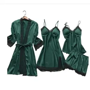4PCS Sleepwear Pajamas Set Silk Women Nightdress Lace Dress Robe Sleep Nightwear Silk Solid Color Pijama Sets