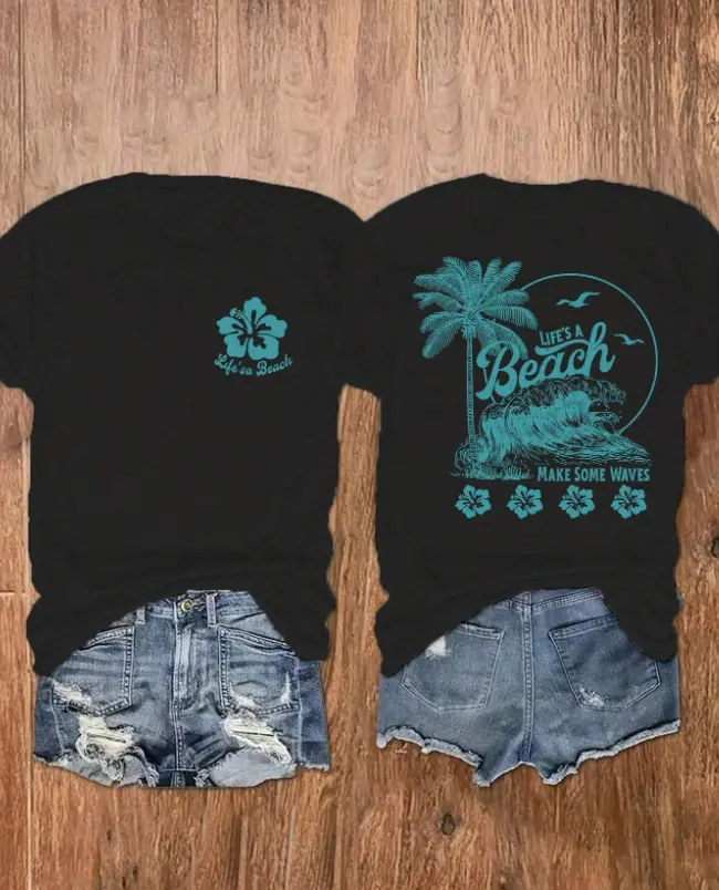 Carefree Relaxing Beach Lover Tee Coastal Vacation Trip Summer Market Stroll Summer Cotton Short Sleeve Palm Tree Hibiscus Double Sided Heat Transfer Print Tshirt