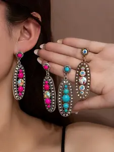 New Vintage Western Style Earrings, Hollow Long Bohemian Rhinestone Turquoise Drop Earrings, Elegant Dangle Ear Jewelry
