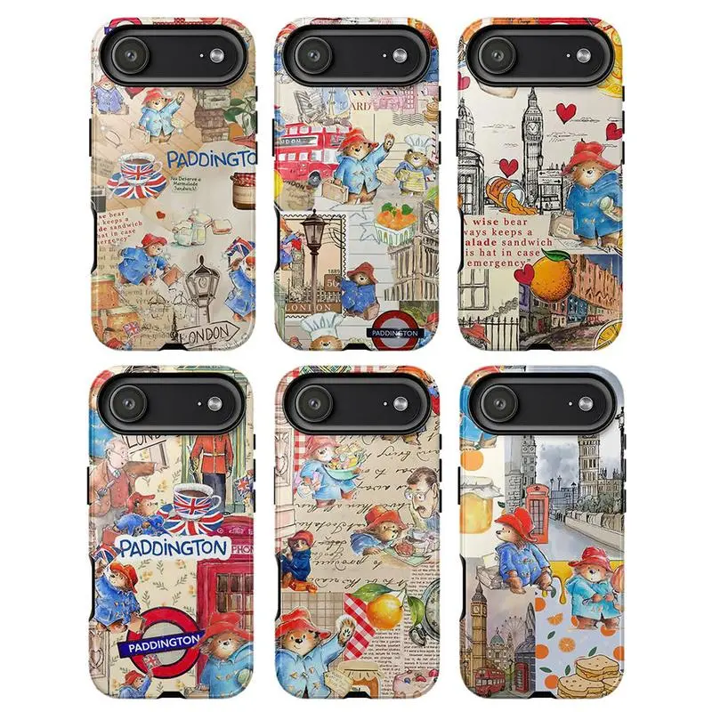 Vintage Paddington Bear Rubber Phone Case, London Collage Aesthetic Smartphone Cover for iPhone 17-12, 11 Pro Max, Handheld Cellphone Accessories