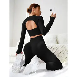 Women’s Sporty Cut-and-Back Thumbhole Workout Set — Gym Outfit