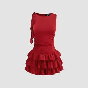 Cider Boat Neck Ruched Ruffle Hem Layered Micro Romper SwimWeek