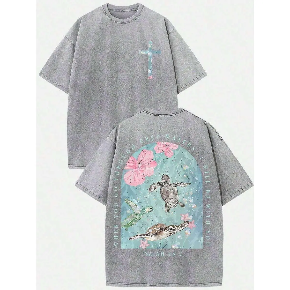 Unisex Vintage Christian Graphic T-Shirt - 230g Washed Cotton, Bible Quote, Turtle Design, Casual, Loose Baggy Oversize, All Seasons, Foldable, Childrens Day Gift, Classic Christian Menswear Top