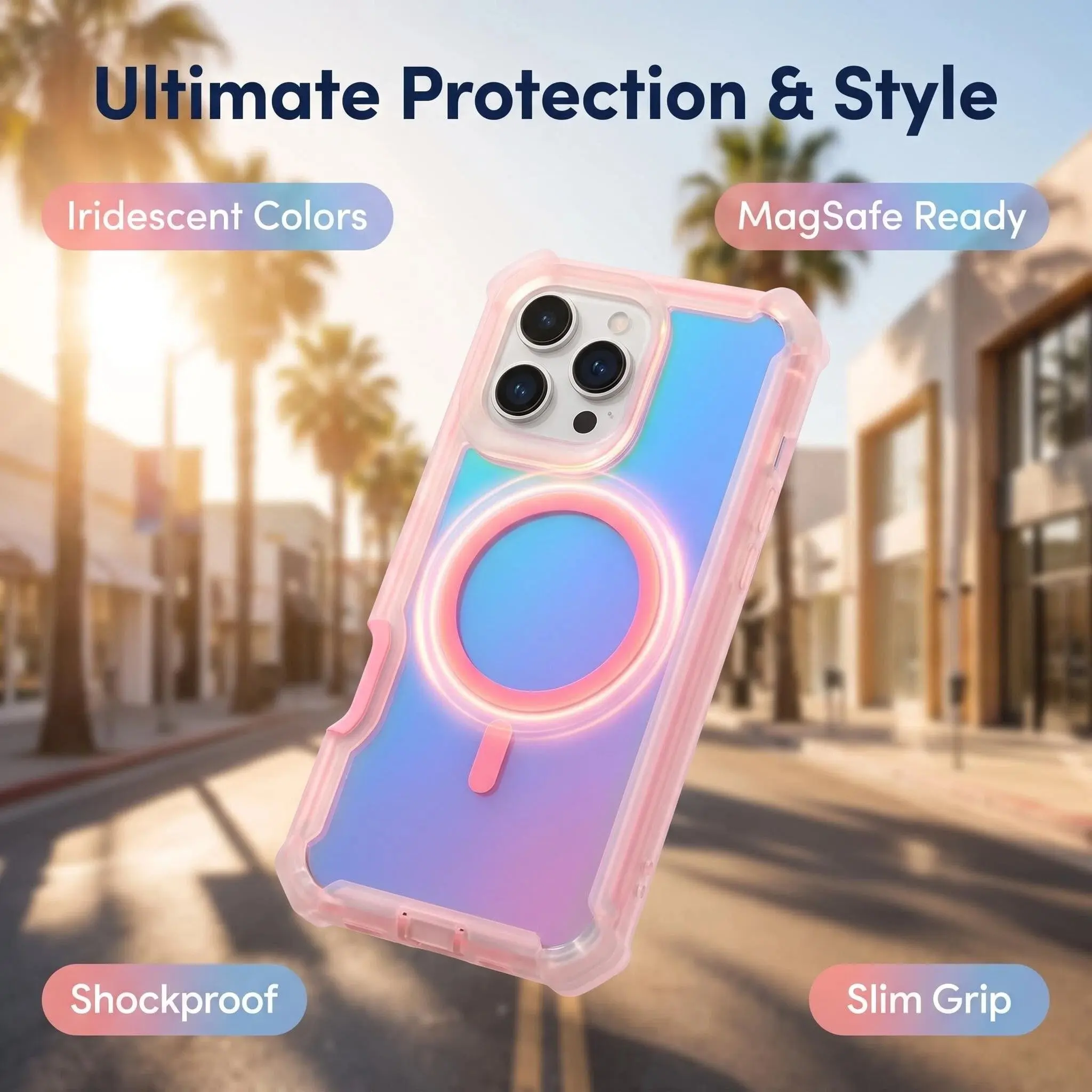Pink Blue Iridescent MagSafe Shockproof Case for iPhone 16/17 Series, Slim Firm Grip Protective Cover, Magnetic Alignment Wireless Charging Compatible Phone Case