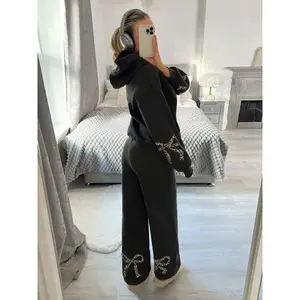 Women's Leopard Butterfly Knot Sweatshirt & Wide Leg Pants Set, Casual Loose Fit Hoodie, Fall Winter Street Fashion Two-Piece