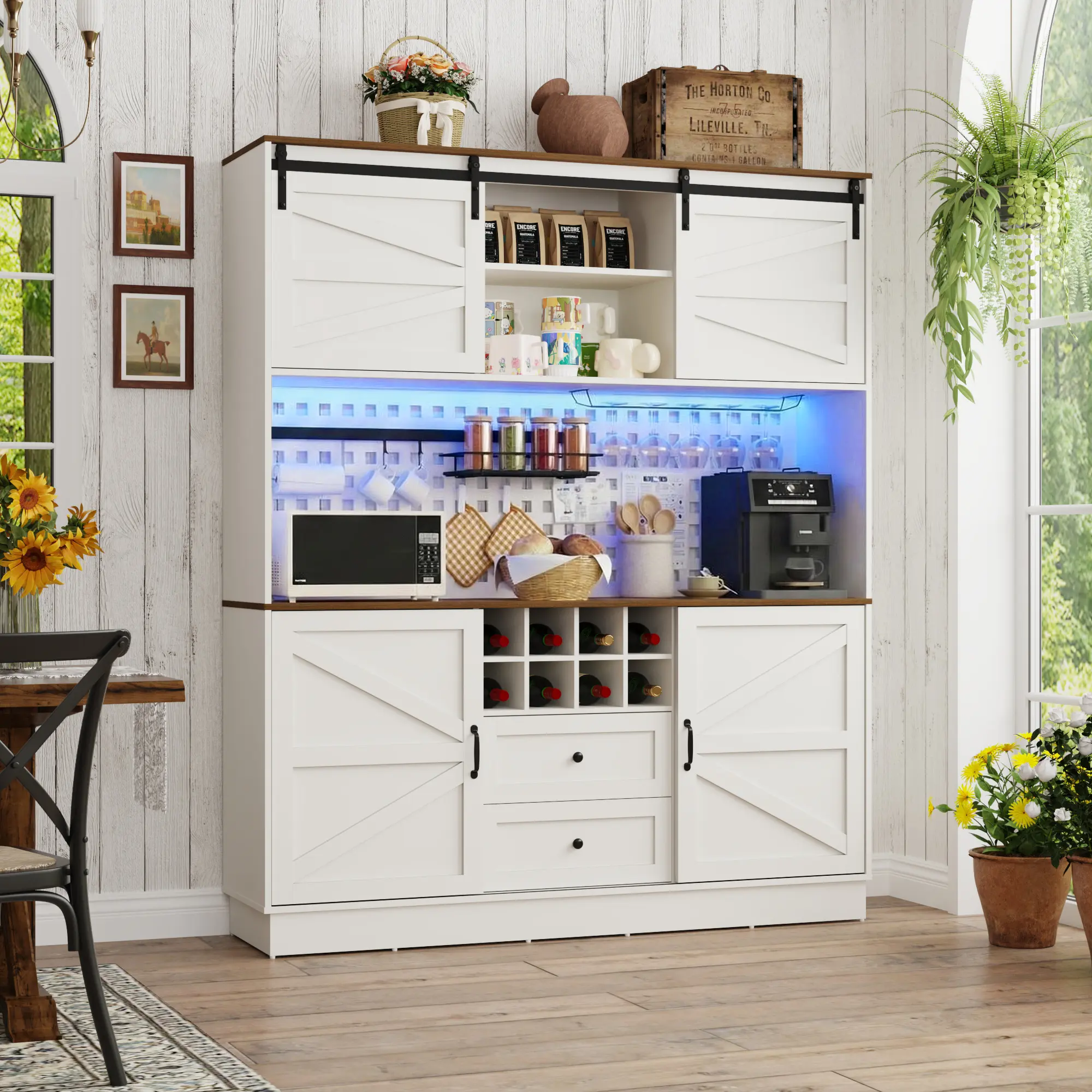 Sturdy Wood 75.2" Tall Farmhouse Hutch Cabinet (63"w x 15.7"d x 75.2"h) with Power Outlet, 1 Type-C Port, 1 USB Port, Configurable Shelves, Drawers, Doors for Kitchen Dining Room Coffee Bar Use
