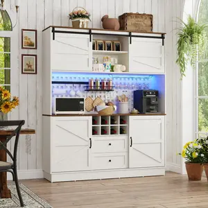 75" Tall Farmhouse Hutch Cabinet with Power Outlet, 63" Wide Kitchen Storage Cabinet with Coffee Bar, Microwave Shelf, Wine Rack, Drawers & Doors for Dining Room