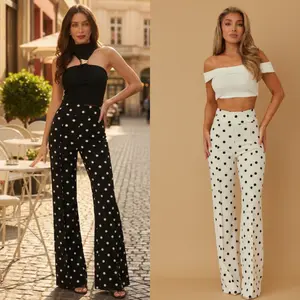 POLKA DOT FLARE PANTS - STRETCH - CASUAL EVERYDAY PANTS - DRESSY - ZIPPER ON THE BACK