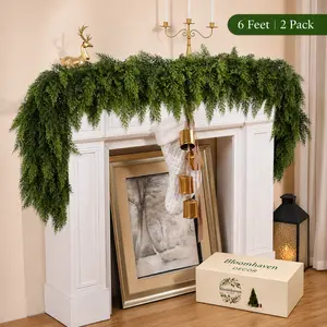 6 FT 2 Pcs Artificial Cedar Garlands, Real Touch Winter Cedar Garland, Green Artificial Greenery Pine Garland for Table, Mantle, Wall, Indoor, Outdoor Christmas Decorations