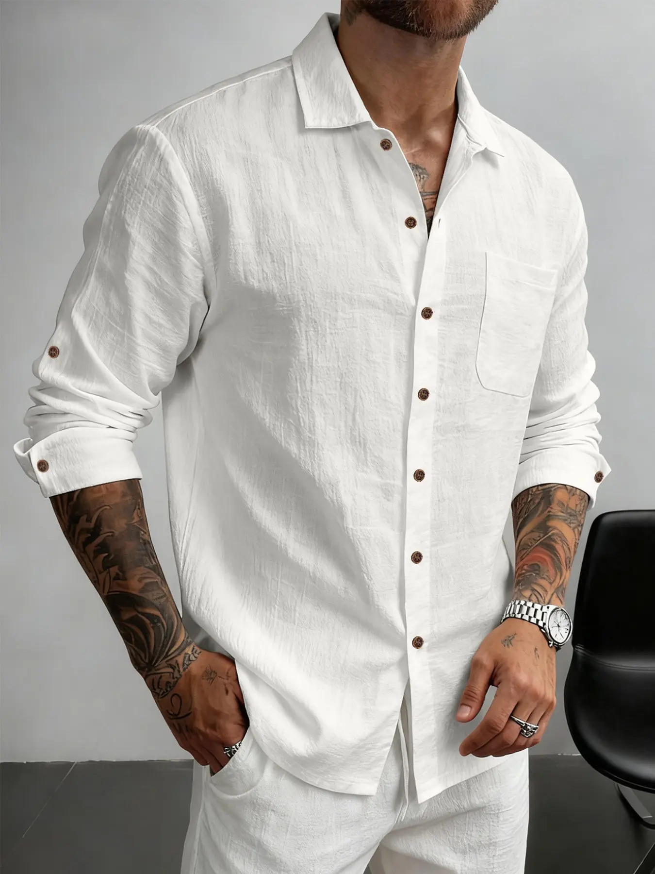 Men's Linen Texture Long Sleeve Shirt, Casual Button Up, Roll-Up Sleeves, Breathable Wrinkle Fabric, Casual Daily Wear, Commute and Vacation Top, Menswear