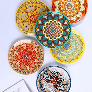 Boho Style Ceramic Plate, 4 Counts/set Colorful Flower Pattern Round Plate, Household Dinner Plate, Creative Ceramic Plate for Home Kitchen