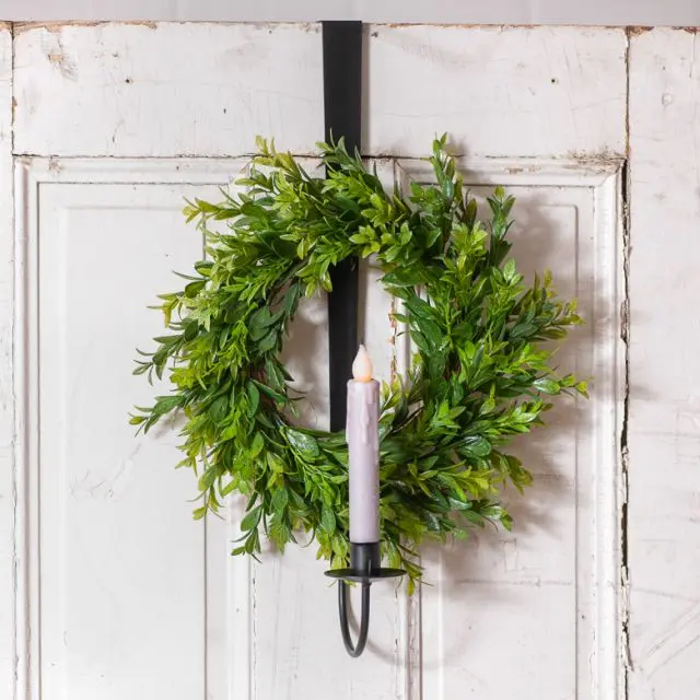 Over the Door Wreath and Candle Holder - Decorative Iron Ornament with Greenery and Candle for Home Decor