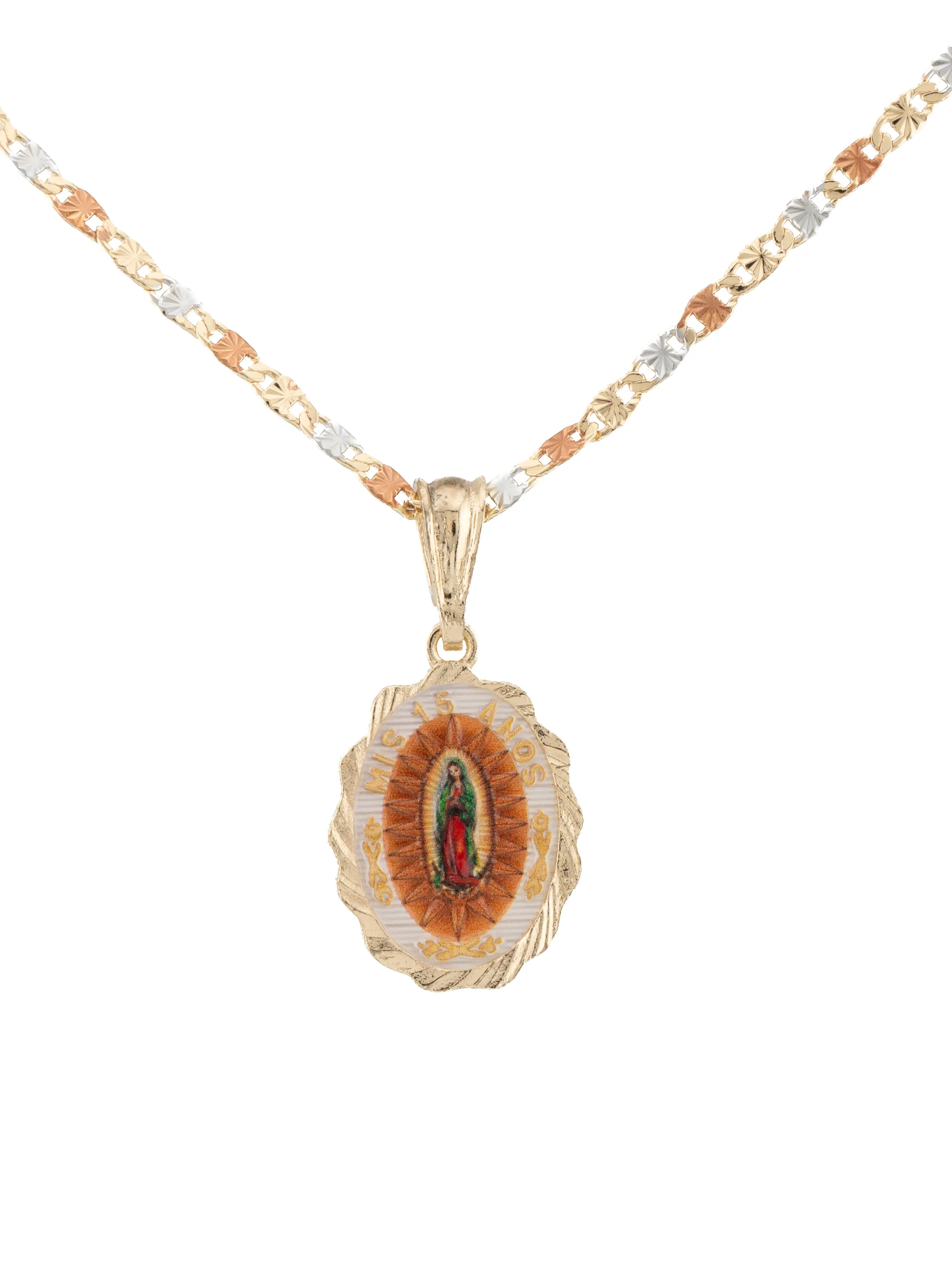 Virgin Mary Religious Pendant Necklace - Traditional Mexican Statement Sparkling Gold Quinceañera Necklace with 20-in or 24-in Chain, Religious Pendant Necklaces