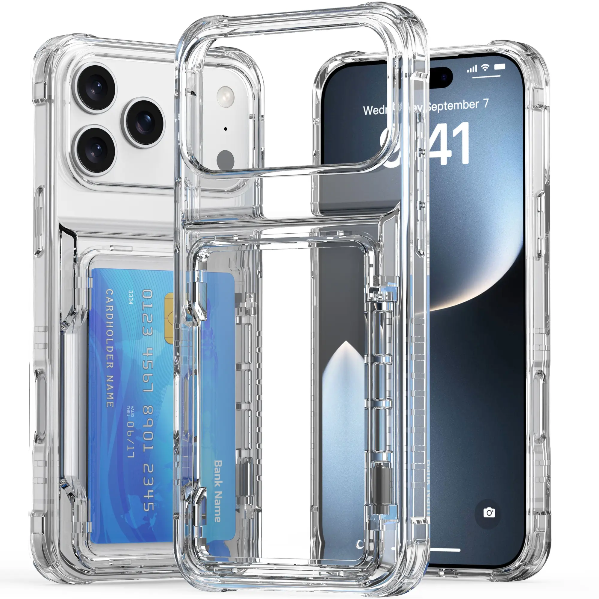 Full Coverage Camera Protection Stylish Protective Cover Card Holder Transparent Case for iPhone 17 16 15 14 13 12 11 Pro Max Air Plus XR Slim Shockproof Dustproof Anti Scratch Anti Fingerprint Lightweight Durable Smartphone Casing Screen Protector photo,