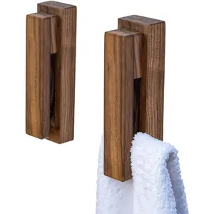 2 Pieces Self Adhesive Vintage Walnut Wood Towel Hooks, Wall Mounted Wooden Towel Holder Rack for Bathroom Kitchen Home Decor, Quick Drying Firm Holding Towel
