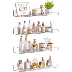 Upsimples 4-Pack 15" Clear Acrylic Floating Shelves, Bathroom Wall Storage Organizer for Perfume, Makeup, Skincare, Bedroom Home Decor Shelf