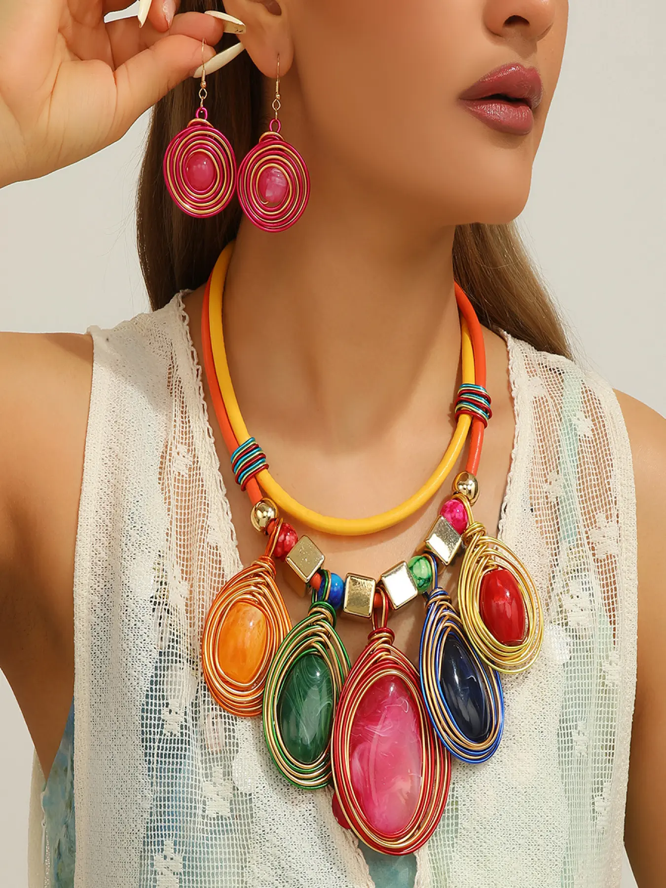 Bohemian Statement Long Handmade Water Drop Pendant Necklace Earrings Fashionable Boho Jewelry Set