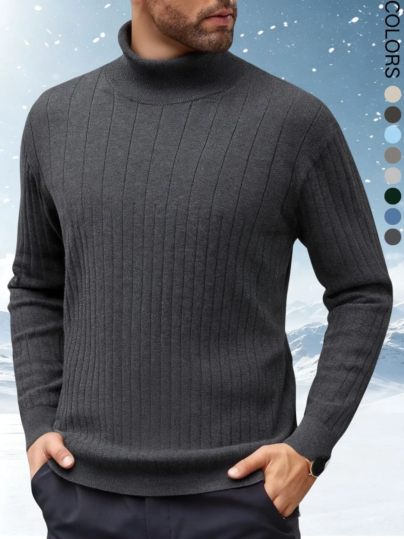 European and American men’s high-neck ribbed knit sweater with vertical ribbing, solid color, stretchy pullover, long sleeves, casual thermal base layer for autumn/winter