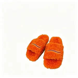 Women's Orange Fluffy Open Toe Slippers, Cozy Striped Faux Fur House Slides, Warm Soft Non-Slip Indoor Outdoor Slippers for Fall Winter