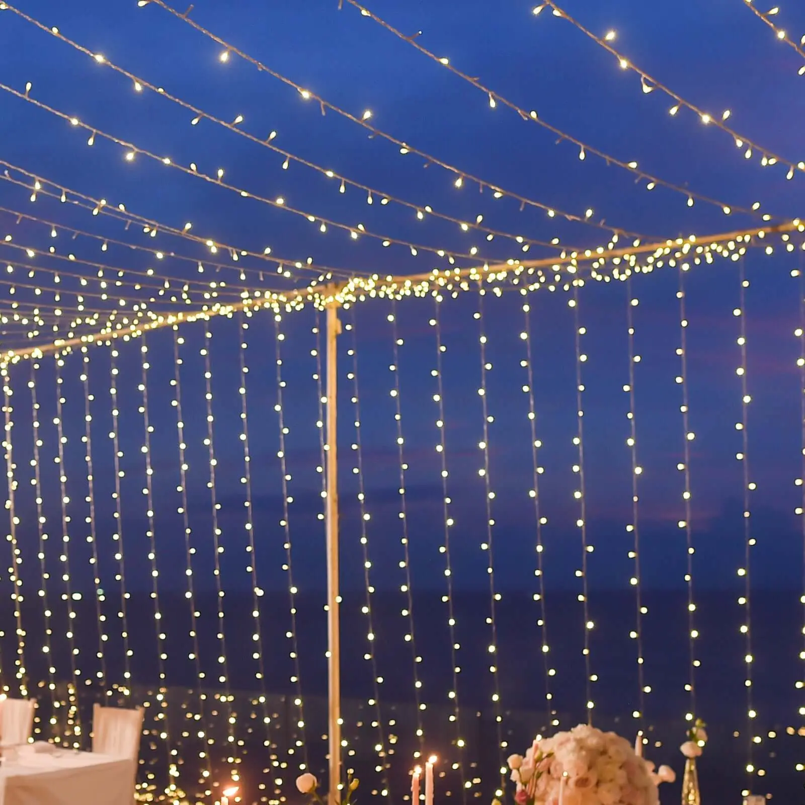 600 LED Warm White Fringe Curtain Lights - 10ft x 20ft, 8-Mode Dimmable Connectable, Inline Memory Controller, 110V Corded AC Power Supply, Decorative Ambient Lighting for Event Backdrops, Stage Decoration