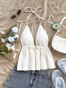 Halter tie waist-cinching jacquard Women Short Fitted cami top.Blends French retro & vacation girly vibes, the ultimate seaside resort staple and pure desire icon!Perfect for daily outings, dates and music festivals.