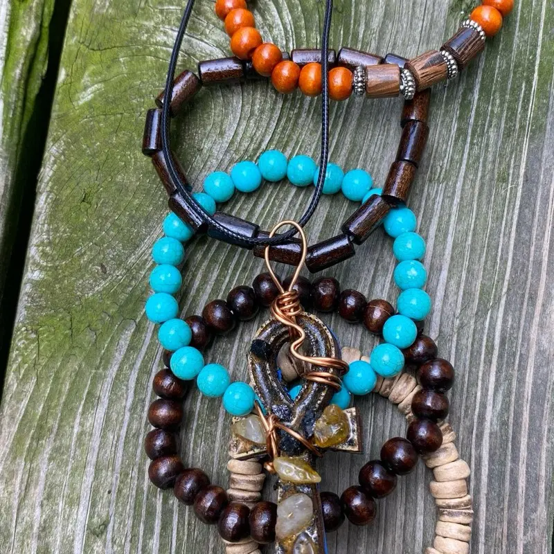 Wood Ankh Necklace  5 Wooden Bracelets