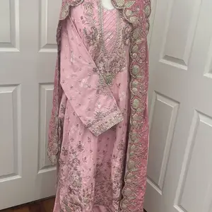 Afrozeh Original Raw Silk 3pcs - Elegant Pink Embroidered Dress with Floral Patterns and sequence Accents