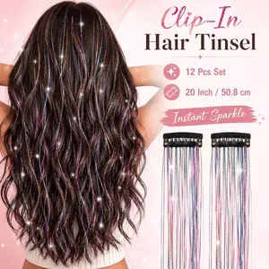 12Pcs Glitter Hair Tinsel Clips, 20 Inch Sparkly Fairy Hair Strands for Pride Month, Concerts, Festivals, 4th of July & Summer Looks