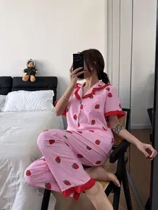 Valentine's Day Women's Sleepwear Set, Floral Print Ruffle Short Sleeve Long Pants, Casual Home Wear, Soft Button Up Top & Elastic Waist Pant