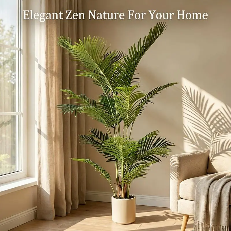 Lifelike 6ft Artificial Palm Tree - Fake Plant with White Tall Pot, Faux Tropical Golden Rattan Palm Tree with Realistic Palm Leaves, Indoor Floor Plant Decorative Fruit Ornaments for Home Office Decor