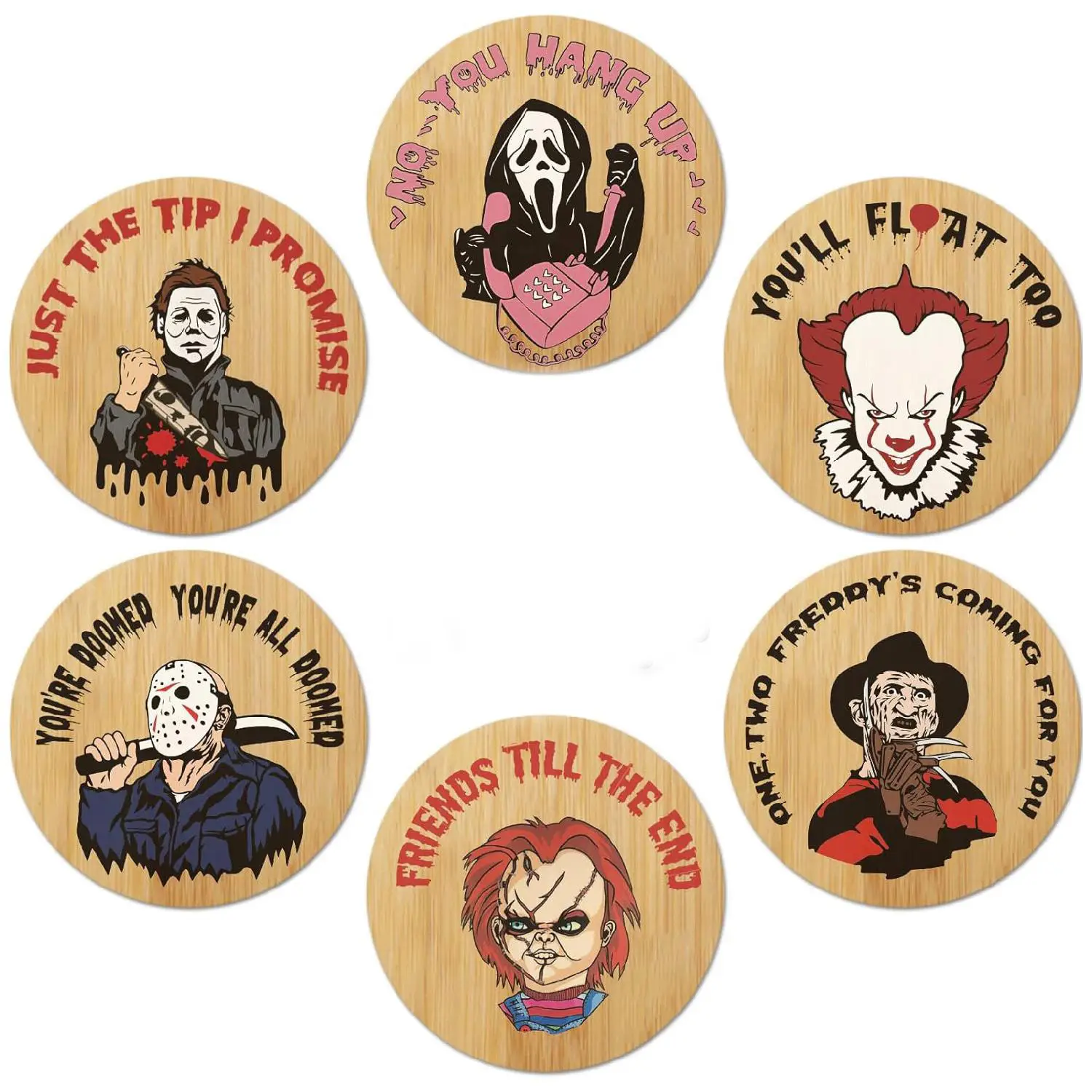 6-Piece Horror Movie Character Coaster Set, Unique Halloween Round Coasters for Party Decorations, Perfect for Coffee Tables & Kitchen Displays