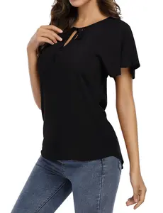 GARVEE Women's V Neck Tops Summer Short Ruffled Sleeve Drawstring Casual T-shirts Blouses Black S